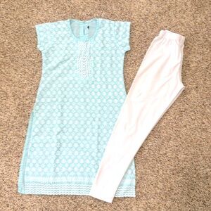 Embroidered blue kurta top and legging for girls 8-10